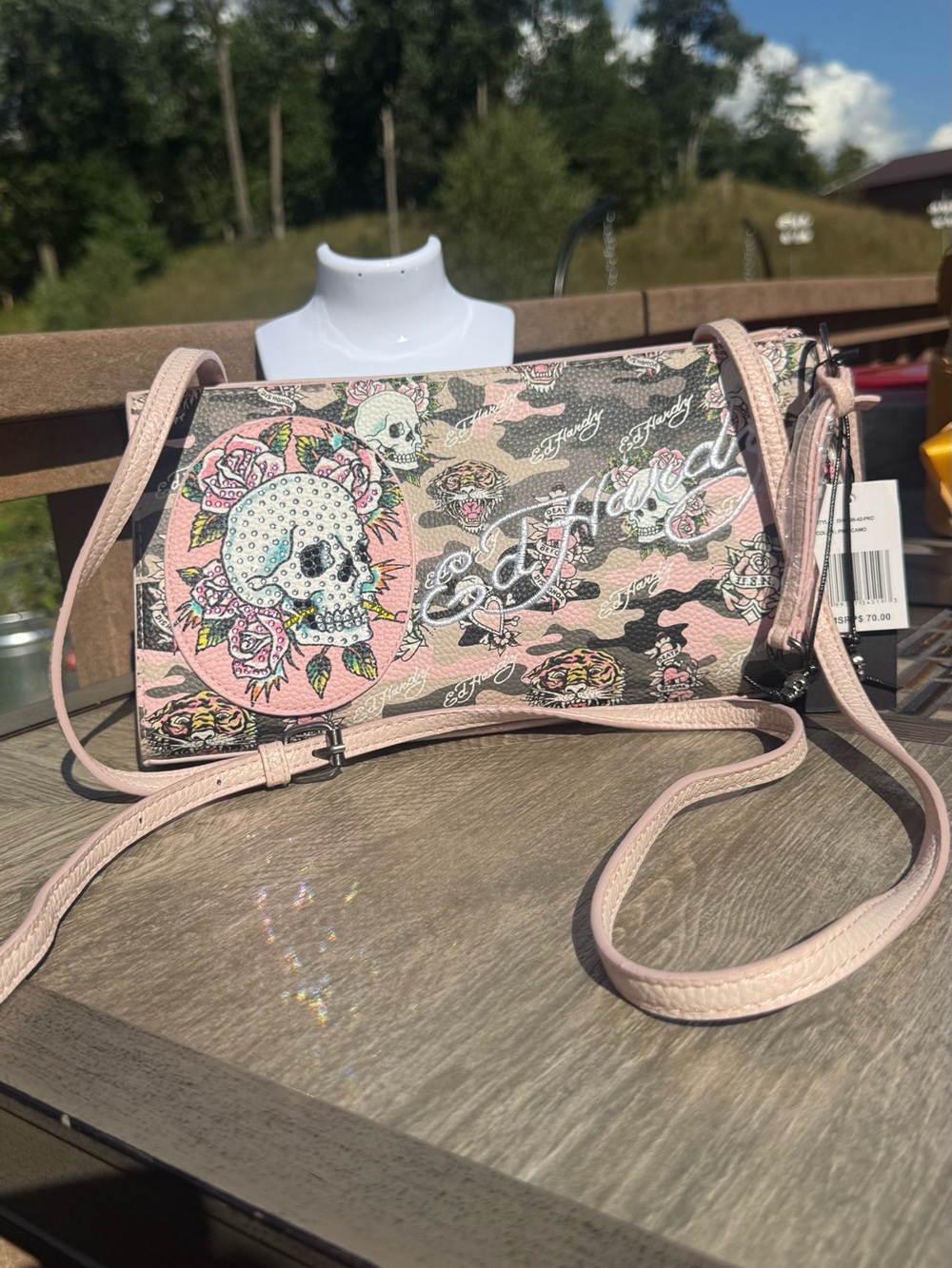 Ed Hardy Pink Skull-Print Crossbody Bag